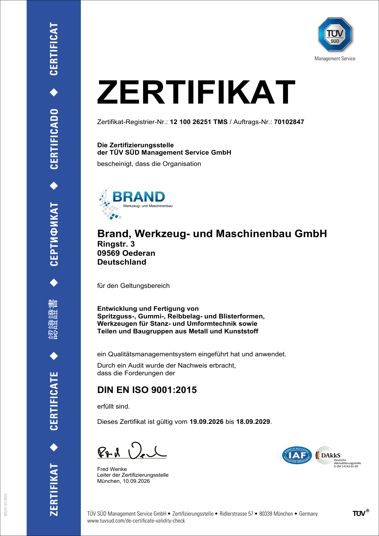 DIN EN ISO 9001:2015 Zertifikat der BRAND Werkzeug- und Maschinenbau GmbH – gültig bis 18.09.2029